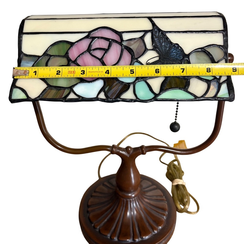 Vintage Tiffany Style Stained Glass Bankers Desk Lamp Floral Butterfly Victorian - Picture 15 of 16